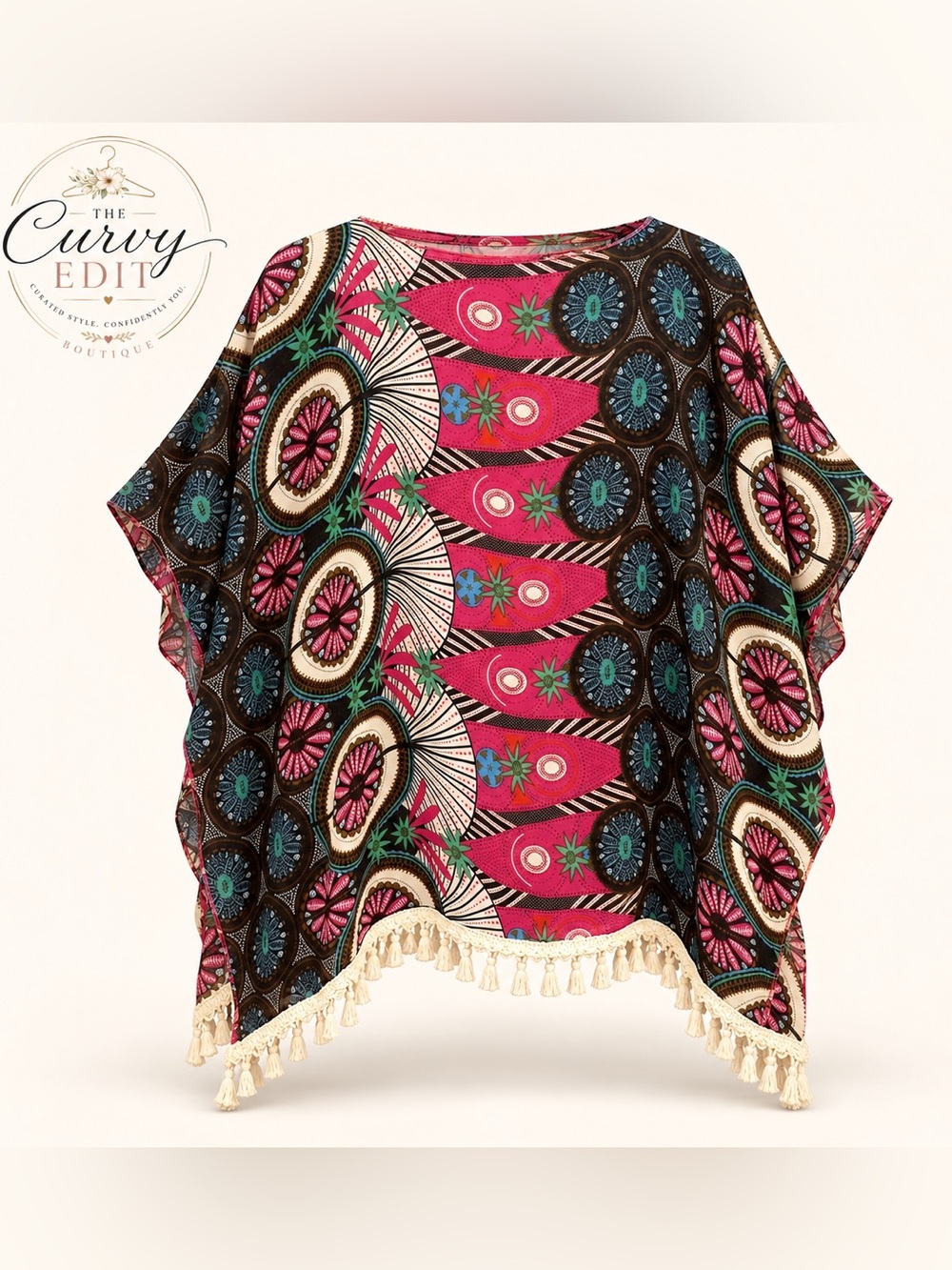 Boho Tribal Print Poncho Kaftan Tassel Fringe One Size Pink Teal
